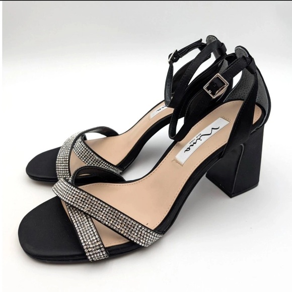 New Nina Quinley Rhinestone Metallic Ankle Strap Sandal Women's Black Size 9 - Picture 1 of 4